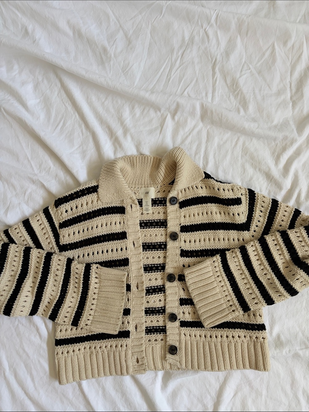 H&M Cream & Black Striped Shawl-Collar Cardigan